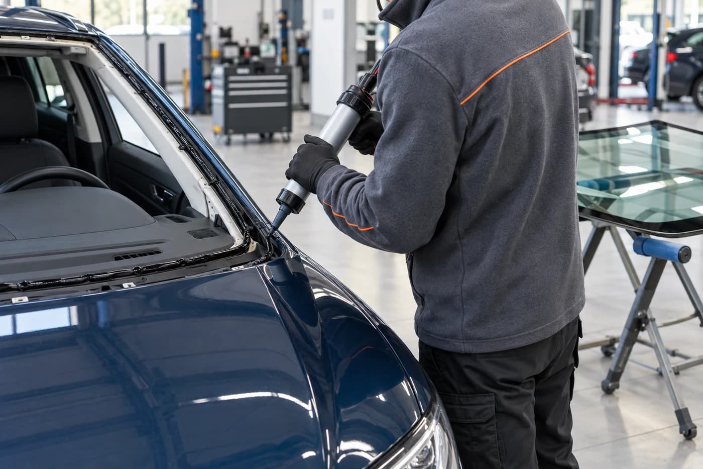Un technicien pose un pare-brise neuf